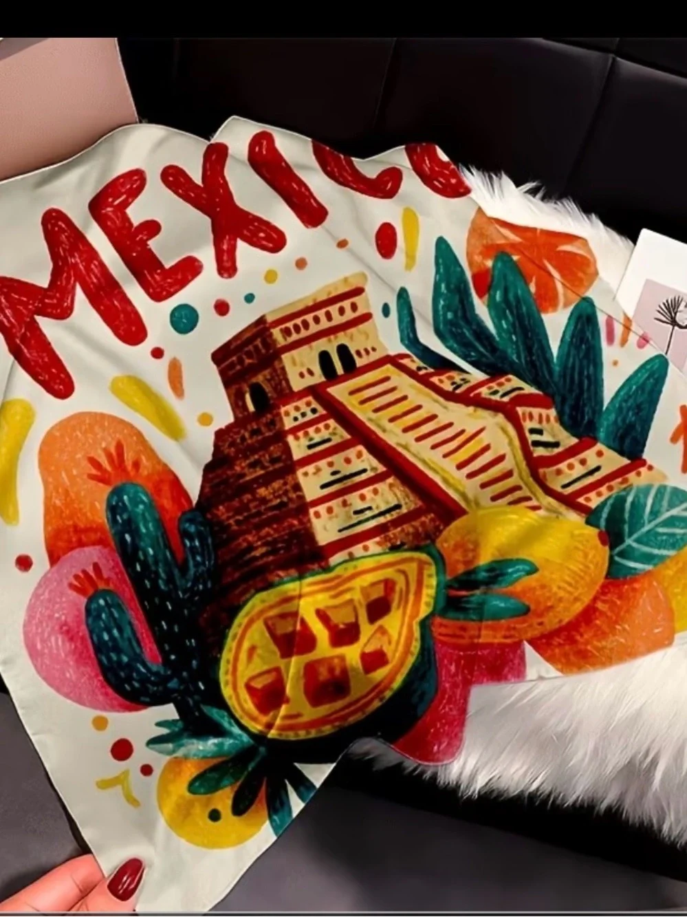 Silk-Feel Mexico Print Head Scarf - White Multi